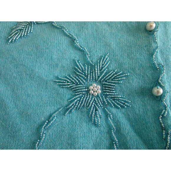 Lucky Brand Light Blue Beaded Cardigan Faux Pearl Button Wool Blend Ladies L EUC - Picture 6 of 16